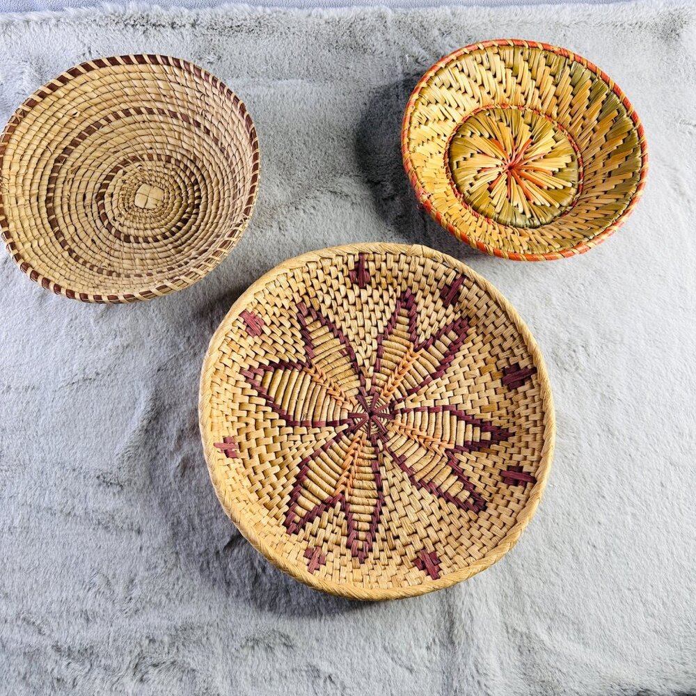 Vintage Woven Coil Baskets Indigenous Tribal Baskets Natural Fibers Grass Decor